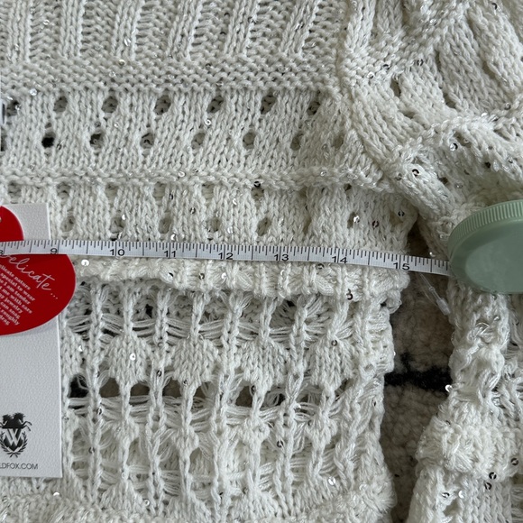 NWT Wildfox Ivory Open-Knit Cropped Sweater bell sleeve silver sequins festival - Picture 6 of 6